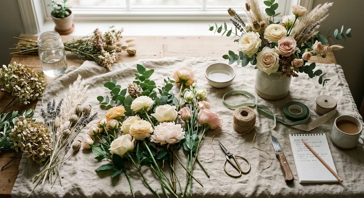 Beautiful seasonal flowers on a florist's workspace