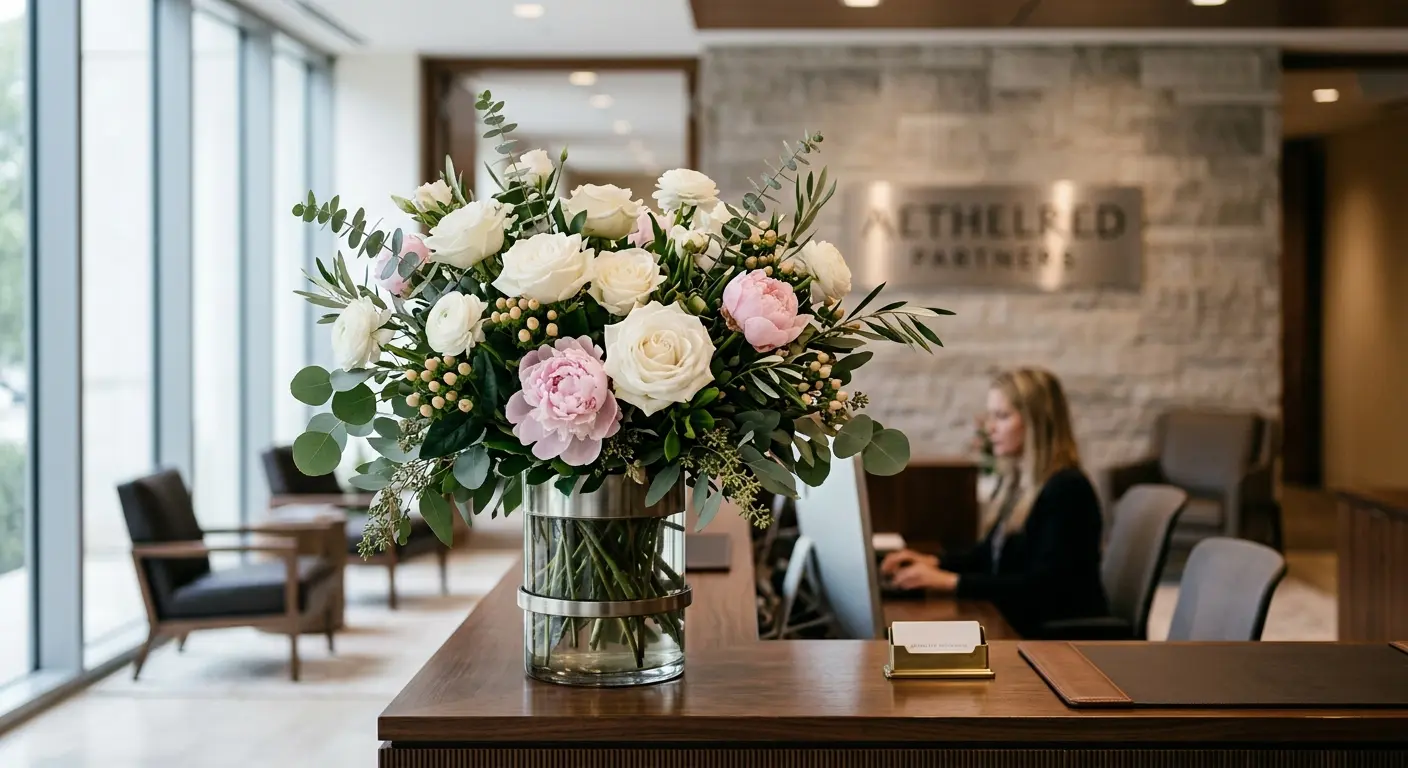 Elegant corporate flower arrangement in a professional setting