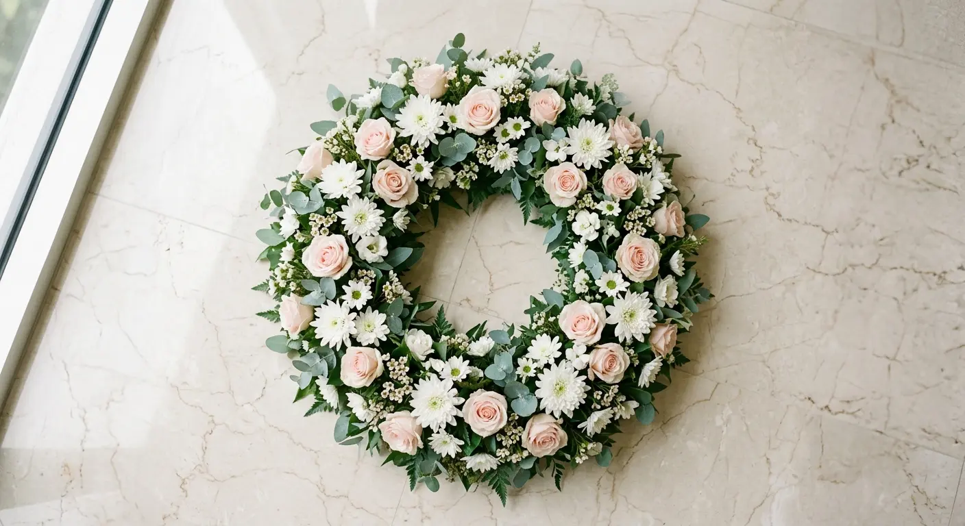 Floral wreath tribute with roses and foliage