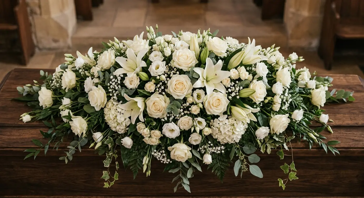Coffin spray floral arrangement in white and cream tones