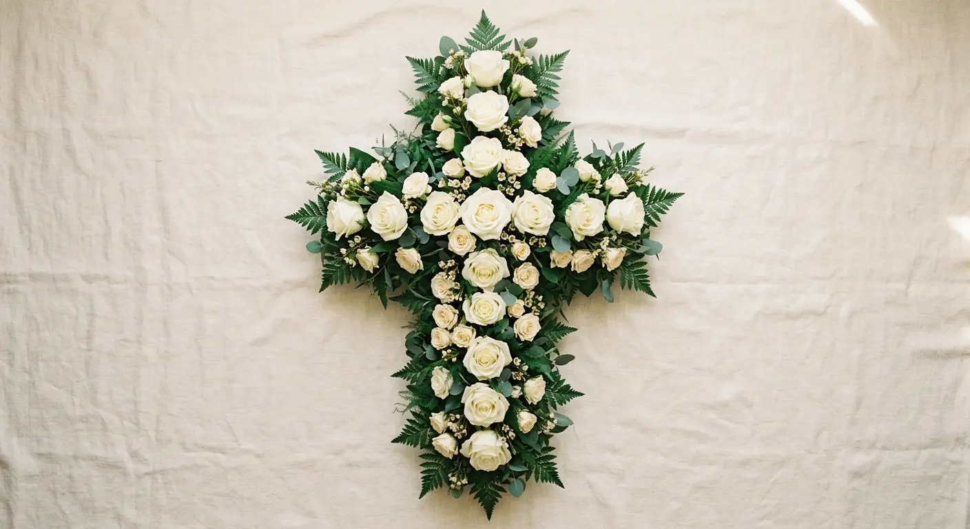 Cross-shaped floral tribute with lilies and roses