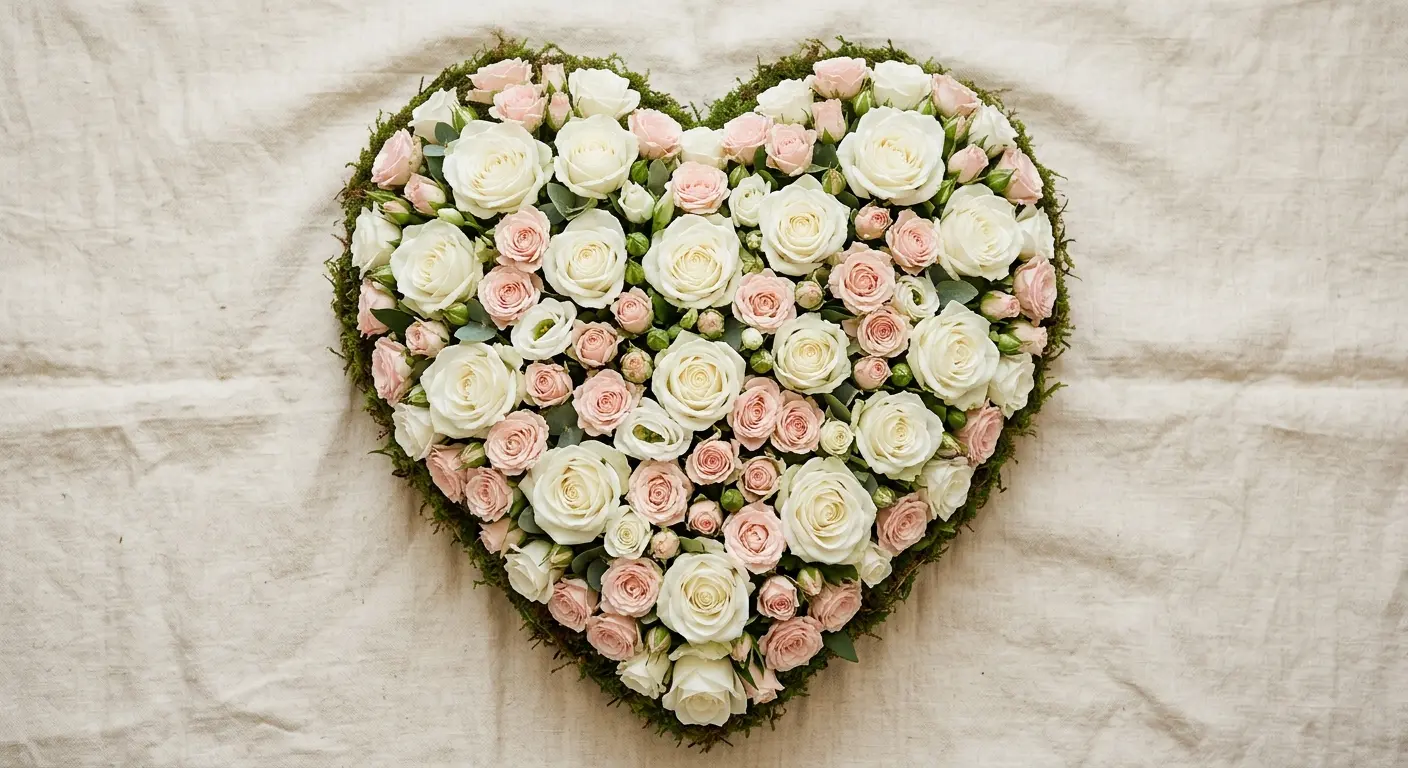 Heart-shaped floral tribute in soft pinks and whites