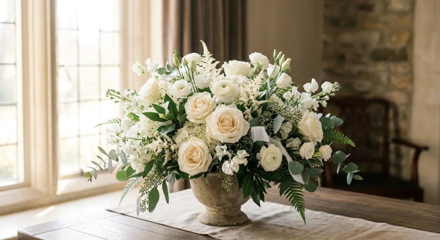 Elegant floral arrangement in soft whites, creams and sage greens