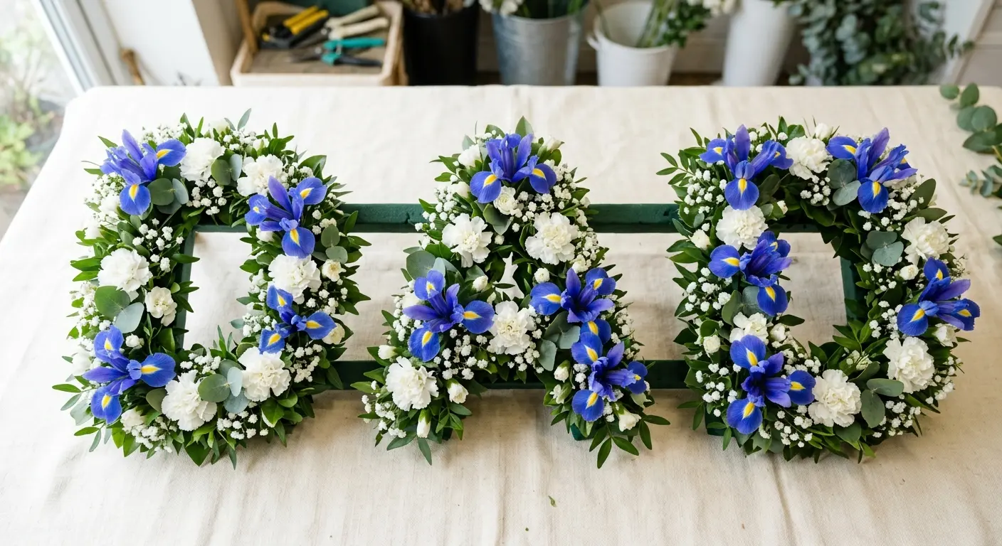Floral letter tribute spelling DAD in blue irises