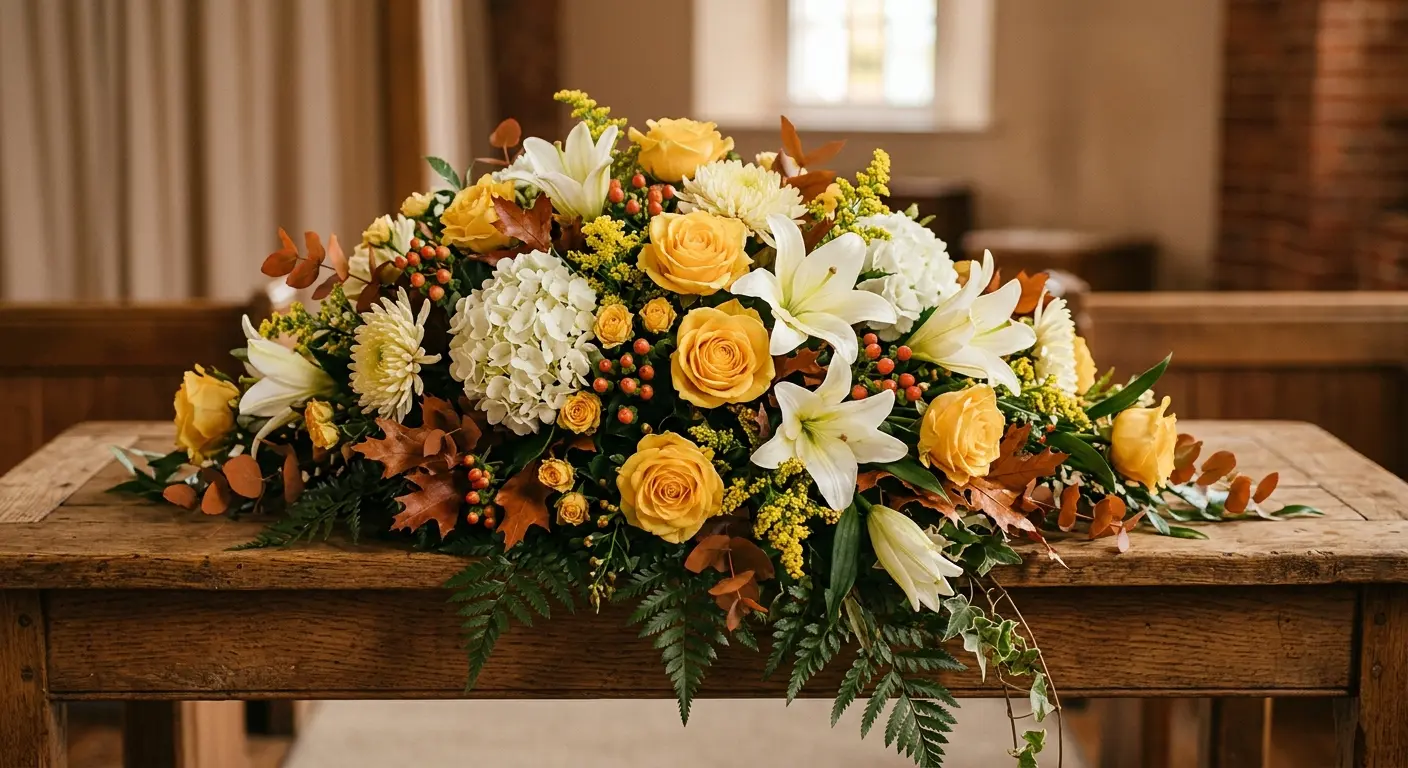 Funeral spray arrangement in golden and warm tones