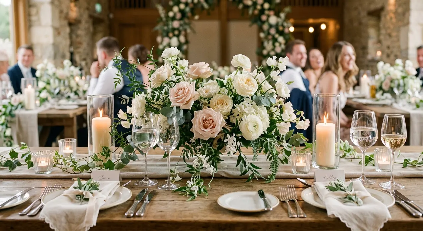 Wedding reception table centrepiece with candles and flowers