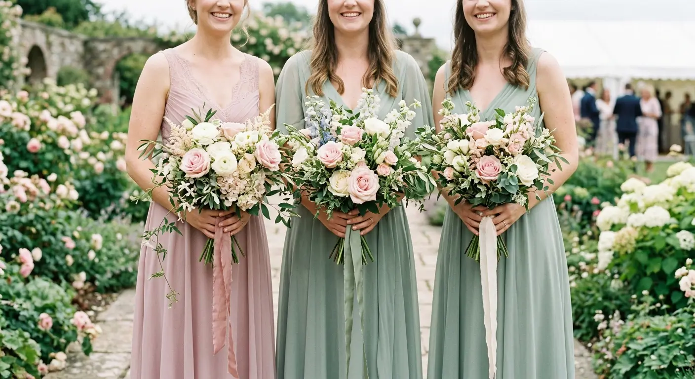 Bridesmaid bouquets with soft pink roses and greenery