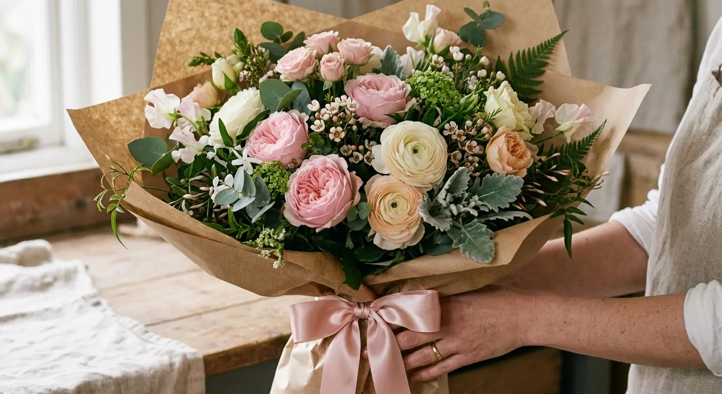 Thank-you bouquet wrapped in kraft paper with ribbon