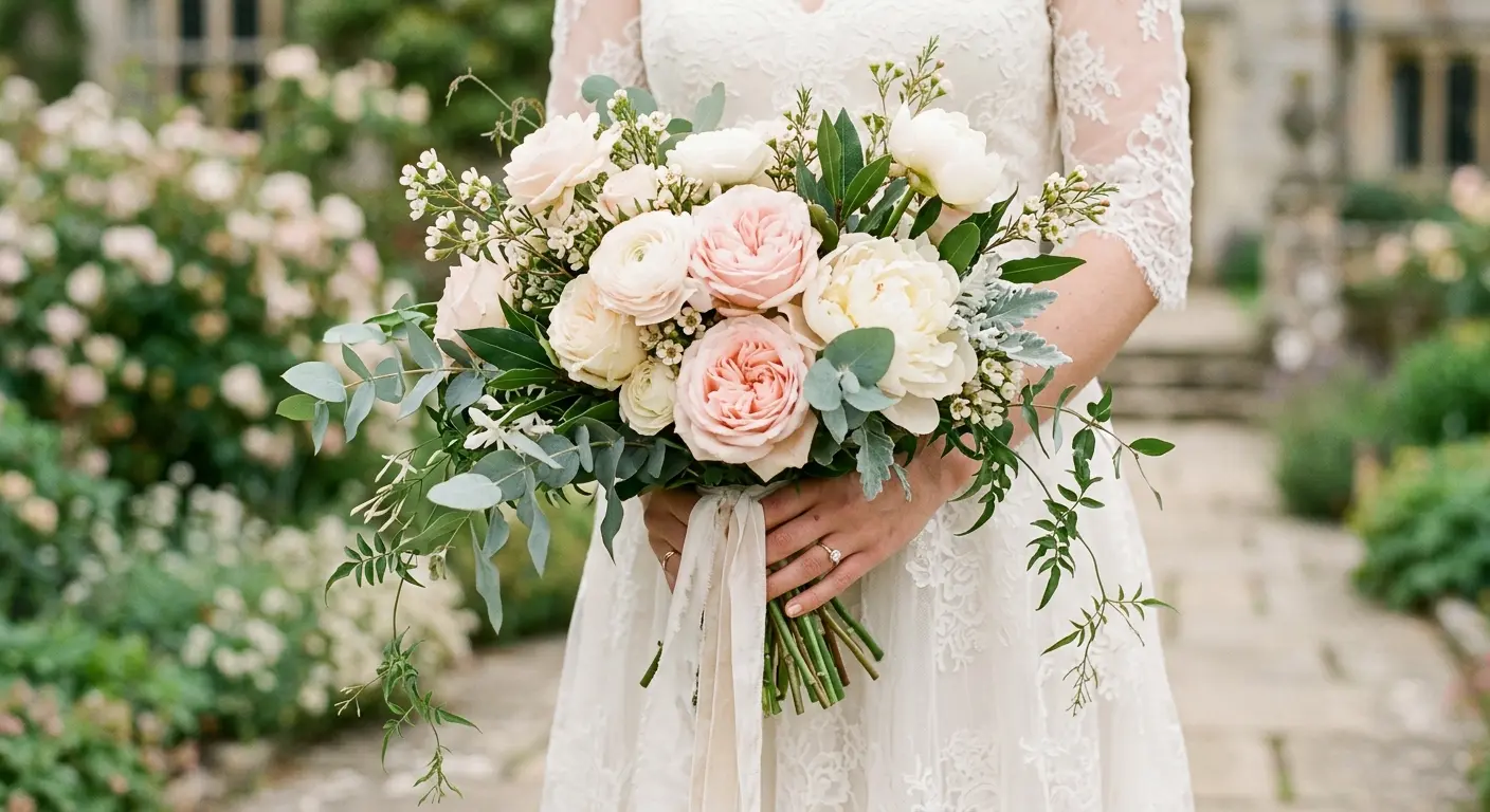 Bridal bouquet with blush pink roses and seasonal foliage