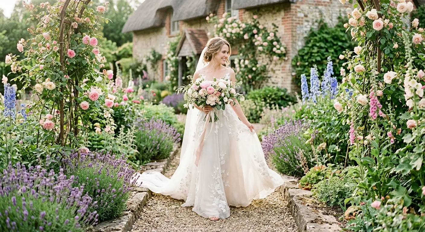 Bridal bouquet of blush pink roses and seasonal flowers