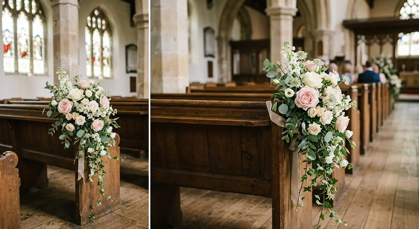Ceremony pew end flowers with roses and trailing greenery