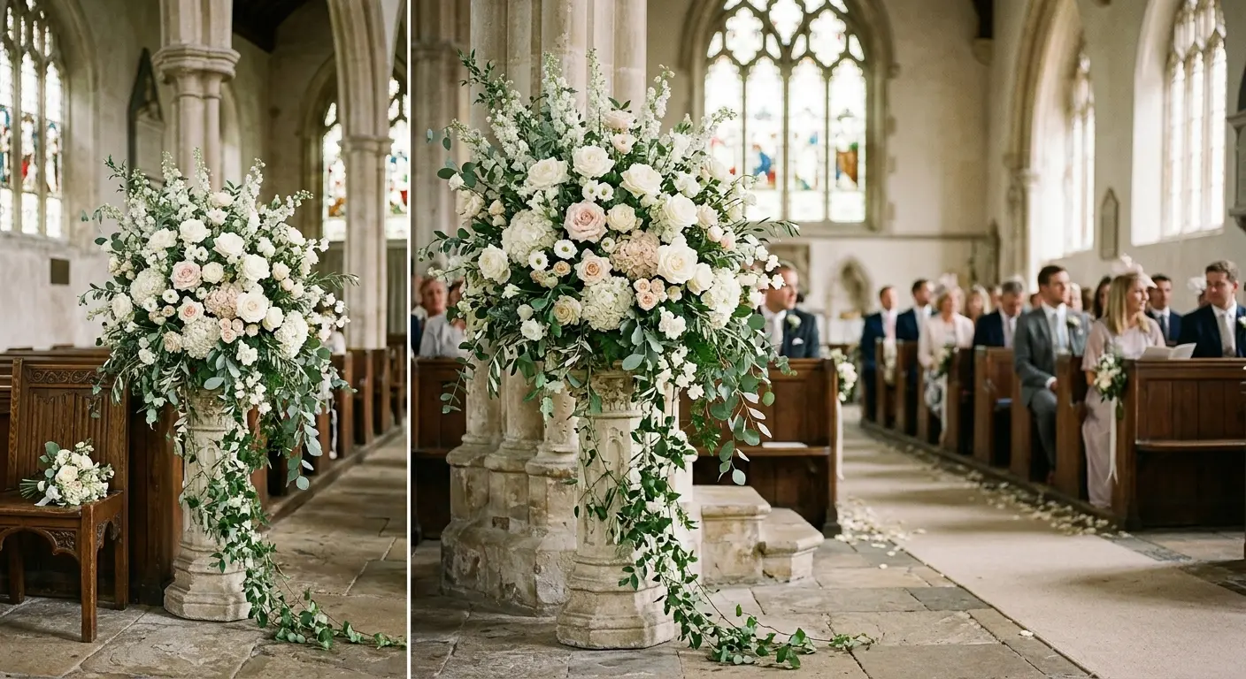 Pedestal floral arrangement with white and blush flowers